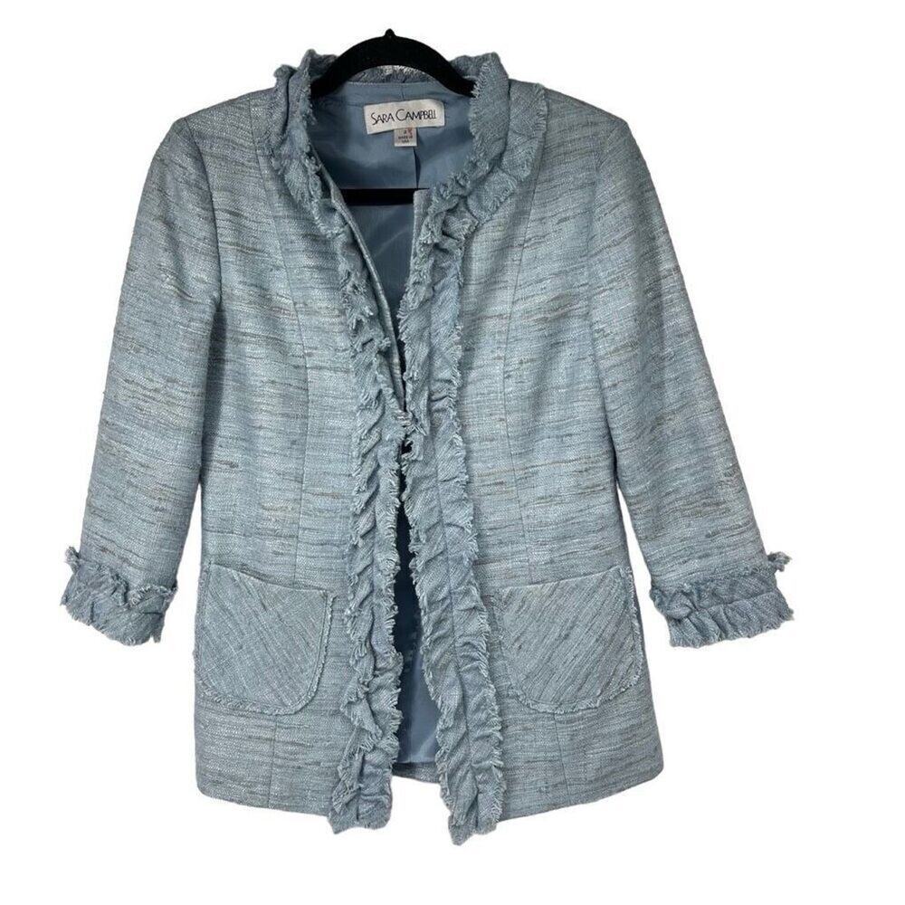 Sara Campbell Light BlueTweed Clasp Closure Career Blazer Sz 2 Women’s 100% Silk